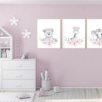 Floral jungle animals, elephant, bear, giraffe, Nursery wall art girl, girl nursery ideas, pink grey, nursery wall art girl flowers, pink