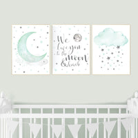 Mint nursery decor, gender neutral nursery, we love you to the moon and back, mint green, moon and stars, twin nursery wall decor, aqua