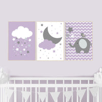 Nursery decor girl purple, cloud, moon and stars, purple nursery wall art, elephant nursery, girl nursery ideas, purple prints for nursery