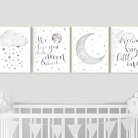 Nursery wall art grey, gray nursery, nursery decor neutral, baby room decor gender neutral, moon and stars, grey nursery decor baby room art