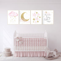 Nursery decor girl pink gold, cloud, moon and stars, pink and gold nursery art, girl nursery ideas, dream big little one, set of 4 prints