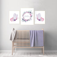Nursery decor girl butterfly, pink and purple nursery, pink lilac nursery, girl room prints, baby girl nursery wall art butterfly wall art