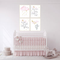 Pink gold nursery, Nursery decor girl bunny, cloud, moon and stars, pink nursery art, girl nursery ideas, pink and gold nursery wall art