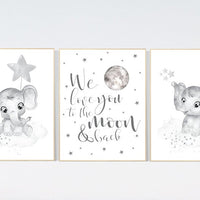 Nursery wall art grey, gray nursery, elephant, nursery decor neutral, baby room decor gender neutral, moon and stars, grey nursery decor