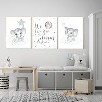 Nursery wall art grey, gray nursery, elephant, nursery decor neutral, baby room decor gender neutral, moon and stars, grey nursery decor