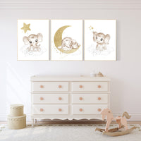 Nursery wall art grey, gray gold nursery, elephant nursery, nursery decor neutral, baby room decor gender neutral, moon and stars, grey gold