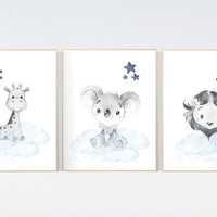 Nursery decor boys animals, giraffe, lion, koala, nursery prints, navy nursery, navy blue nursery, baby room wall art, woodland animal print