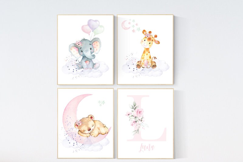 Nursery decor floral jungle, nursery decor animals, Nursery wall art girl elephant, giraffe, bear, pink, purple, girl nursery wall decor