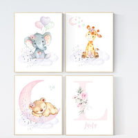 Nursery decor floral jungle, nursery decor animals, Nursery wall art girl elephant, giraffe, bear, pink, purple, girl nursery wall decor