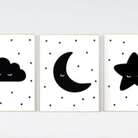 Nursery wall art black, nursery decor gender neutral, baby room decor, cloud, moon and stars, black and white nursery wall decor, twins