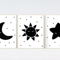 Nursery wall art black and white, gender neutral, baby room decor, sun, moon and stars, black white, nursery wall decor, twin nursery decor