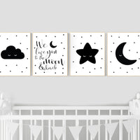 Nursery wall art black and white, gender neutral, baby room decor, sun, cloud, moon and stars, black white, nursery wall decor, twin nursery