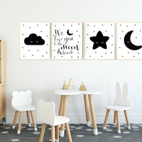 Nursery wall art black and white, gender neutral, baby room decor, sun, cloud, moon and stars, black white, nursery wall decor, twin nursery