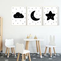 Nursery wall art black, nursery decor gender neutral, baby room decor, cloud, moon and stars, black and white nursery wall decor, twins