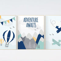 Adventure nursery decor, travel adventure nursery, nursery wall art boy, nursery prints boy mountain, airplane, world map, adventure awaits
