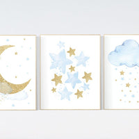 Nursery decor boy, blue and gold nursery, cloud, moon, stars, blue nursery wall art, boy nursery wall art, blue gold prints, boys room