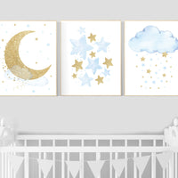 Nursery decor boy, blue and gold nursery, cloud, moon, stars, blue nursery wall art, boy nursery wall art, blue gold prints, boys room