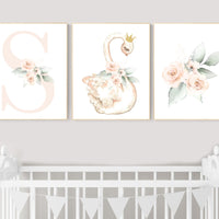 Nursery decor girl blush pink, swan nursery wall art, blush nursery, floral nursery, swan wall prints, flower nursery, swan nursery prints