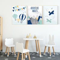 Adventure nursery decor, travel adventure nursery, nursery wall art boy, nursery prints boy mountain, airplane, world map, adventure awaits