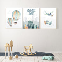 Nursery decor boy mountain, adventure nursery, travel theme nursery, woodland, gender neutral, adventure awaits, hot air balloon, plane