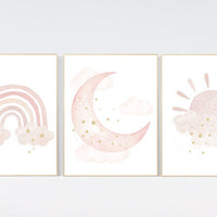 Nursery prints rainbow, blush Nursery decor girl, blush gold nursery wall art, blush pink, moon star, cloud, nursery wall art, sun nursery