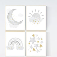 Nursery wall art grey, gray gold nursery, rainbow nursery decor, baby room decor gender neutral, moon and stars, baby room wall art,