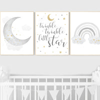 Nursery wall art grey, gray gold nursery, rainbow nursery, nursery decor neutral, baby room decor gender neutral, moon and stars, grey gold