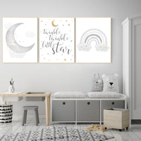 Nursery wall art grey, gray gold nursery, rainbow nursery, nursery decor neutral, baby room decor gender neutral, moon and stars, grey gold