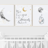 Nursery wall art grey, gray gold nursery, moon nursery, elephant, gender neutral nursery decor, baby room decor gender, moon and stars
