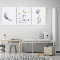 Nursery wall art grey, gray gold nursery, moon nursery, elephant, gender neutral nursery decor, baby room decor gender, moon and stars