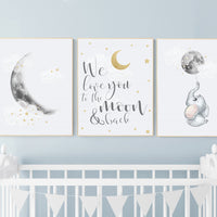 Nursery wall art grey, gray gold nursery, moon nursery, elephant, gender neutral nursery decor, baby room decor gender, moon and stars