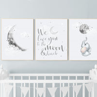 Nursery wall art grey, gray nursery, moon nursery, elephant, gender neutral nursery decor, baby room decor gender, moon and stars