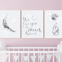 Nursery wall art grey, gray nursery, moon nursery, elephant, gender neutral nursery decor, baby room decor gender, moon and stars