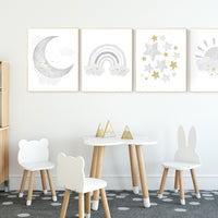 Nursery wall art grey, gray gold nursery, rainbow nursery decor, baby room decor gender neutral, moon and stars, baby room wall art,