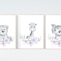 Purple nursery, Floral jungle animals, nursery decor girl flowers, lavender, nursery decor girl boho, floral nursery prints, lilac, elephant