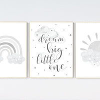 Nursery wall art gray and white, grey nursery, nursery decor neutral, baby room decor gender neutral cloud and stars, dream big little one