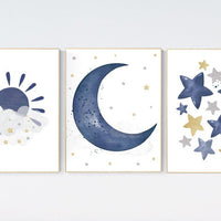Navy nursery decor, cloud and stars, moon and stars, navy gold nursery art. baby room wall art, boy nursery decor, set of 3, nursery art
