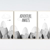 Nursery decor gender neutral, mountain nursery, gray nursery, adventure nursery, travel theme nursery, woodland, explore, hot air balloon