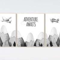 Nursery decor gender neutral, mountain nursery, gray nursery, adventure nursery, travel theme nursery, woodland, explore, hot air balloon