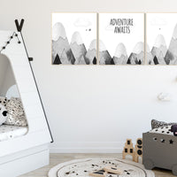 Nursery decor gender neutral, mountain nursery, gray nursery, adventure nursery, travel theme nursery, woodland, explore, hot air balloon