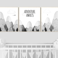 Nursery decor gender neutral, mountain nursery, gray nursery, adventure nursery, travel theme nursery, woodland, explore, hot air balloon