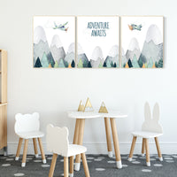 Adventure Awaits Nursery Wall Art, Mountain & Airplane Prints, Woodland Travel Theme, Baby Boy Room Decor, adventure theme nursery decor