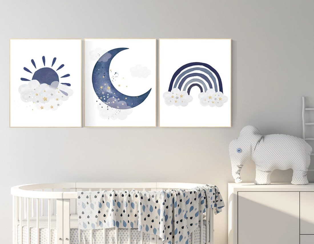 Navy nursery decor, cloud and stars, rainbow nursery, moon and stars, navy blue, gold nursery art, baby room wall art, boy nursery decor