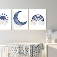 Navy nursery decor, cloud and stars, rainbow nursery, moon and stars, navy blue, gold nursery art, baby room wall art, boy nursery decor