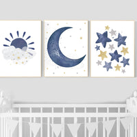 Navy nursery decor, cloud and stars, moon and stars, navy gold nursery art. baby room wall art, boy nursery decor, set of 3, nursery art