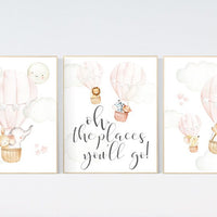 Nursery decor girl blush pink, nursery wall art hot air balloon, animal prints, nursery wall decor woodland animals, girl nursery ideas