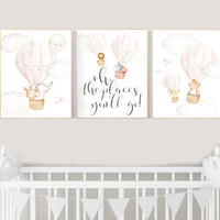Nursery decor girl blush pink, nursery wall art hot air balloon, animal prints, nursery wall decor woodland animals, girl nursery ideas