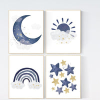 Navy gold nursery decor, boy nursery decor, rainbow, moon and stars, navy and gold, boy nursery wall decor, navy nursery, boys room wall art