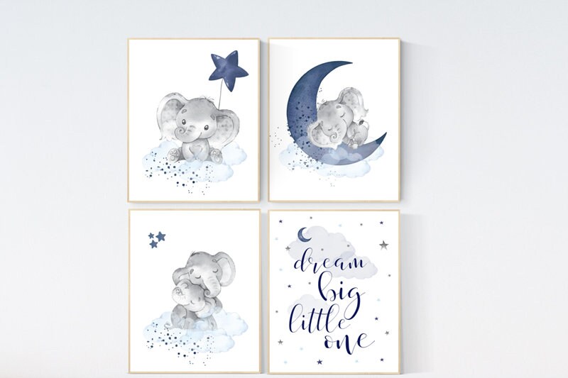 Nursery decor boy elephant, navy blue nursery decor, dream big little one, moon and stars, navy blue nursery, elephant nursery wall decor