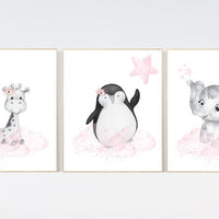 Animal nursery, nursery decor girl pink gray, nursery decor girl woodland animals, penguin, elephant, giraffe, baby girl nursery prints